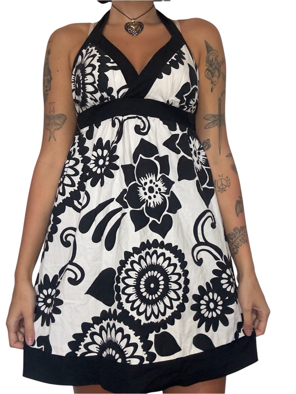 Y2K Halter Black & White Floral Sundress